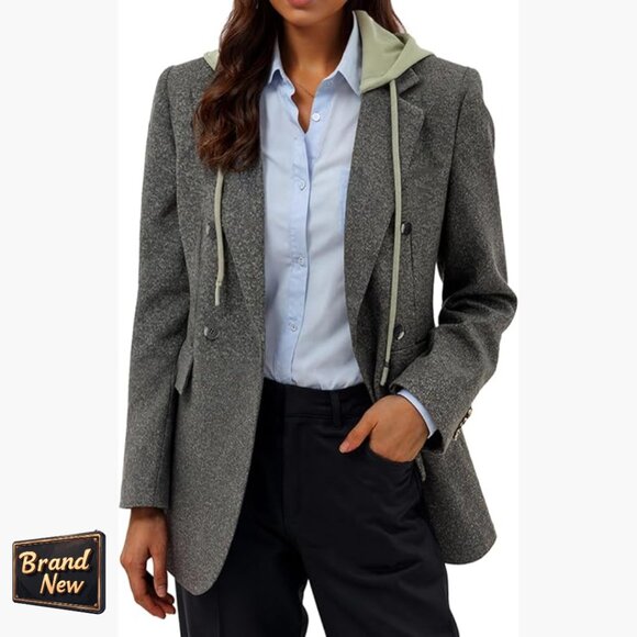 Oversized Hooded Blazer Jacket Wool Blend Double-Breasted Work Office
